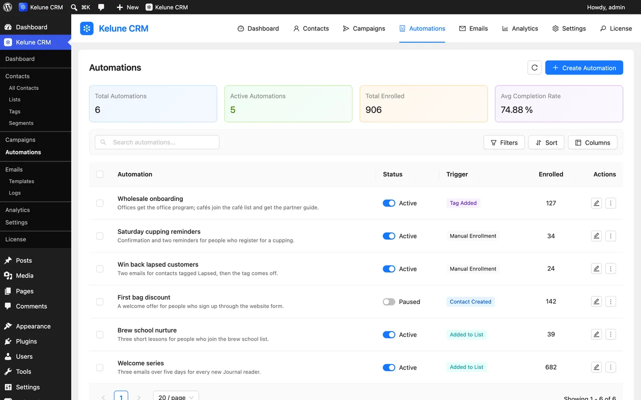 The Automations list inside the WordPress admin with enrollment counts