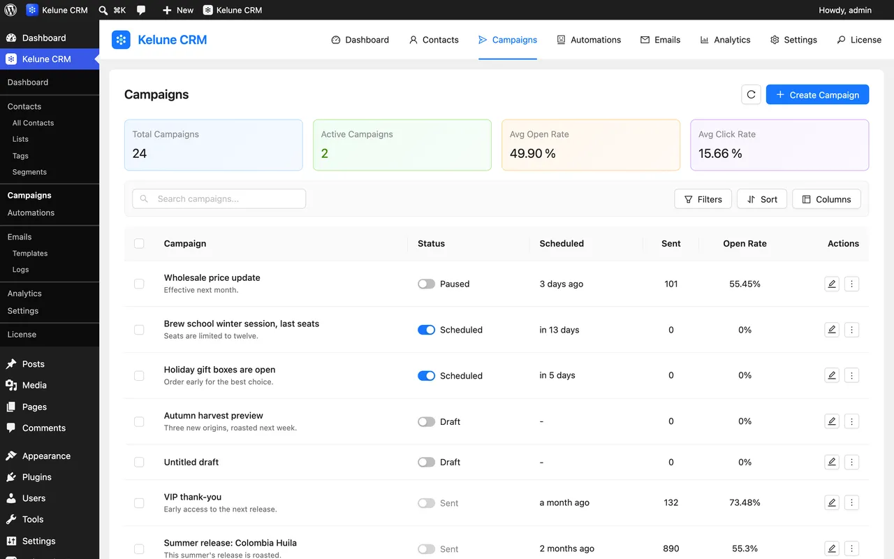 The Campaigns list inside the WordPress admin with open rates and scheduled sends