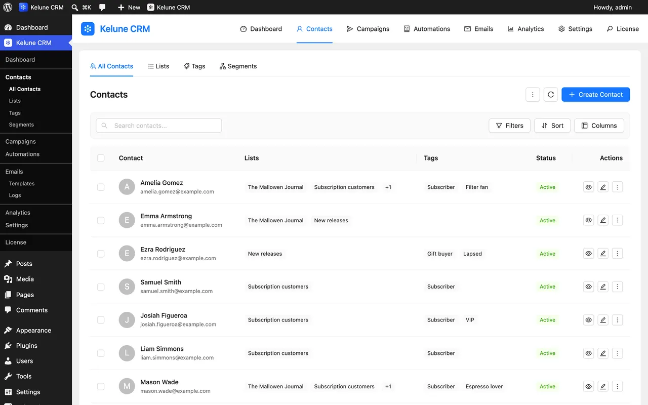 The Contacts screen inside the WordPress admin